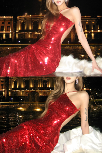 Sexy Red Sheath Halter Sequin Open Back Prom Dress Party Dresses SH4598
