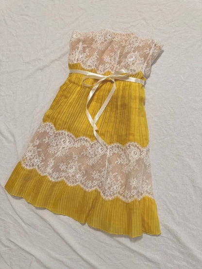 formaldressy-Ginger Yellow Chiffon and Lace Paneled Strapless Sleeveless Midi Dress with Ribbon Detail gh6312