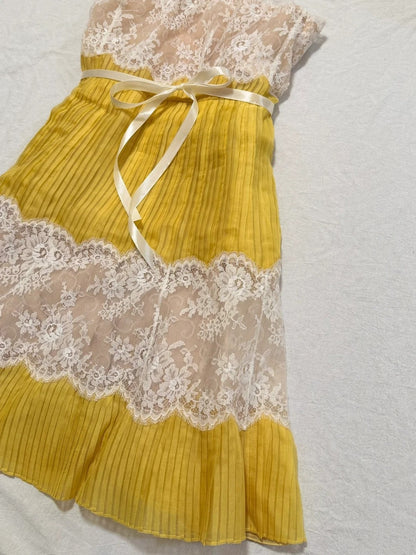 formaldressy-Ginger Yellow Chiffon and Lace Paneled Strapless Sleeveless Midi Dress with Ribbon Detail gh6312