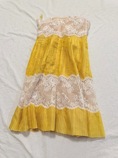 formaldressy-Ginger Yellow Chiffon and Lace Paneled Strapless Sleeveless Midi Dress with Ribbon Detail gh6312