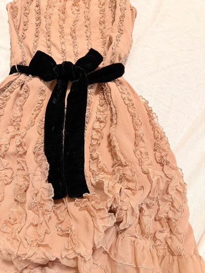 formaldressy-Nude Pink Chiffon Sleeveless Short Dress with Ruffles and Velvet Belt gh6314
