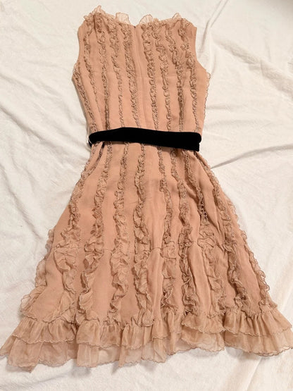 formaldressy-Nude Pink Chiffon Sleeveless Short Dress with Ruffles and Velvet Belt gh6314