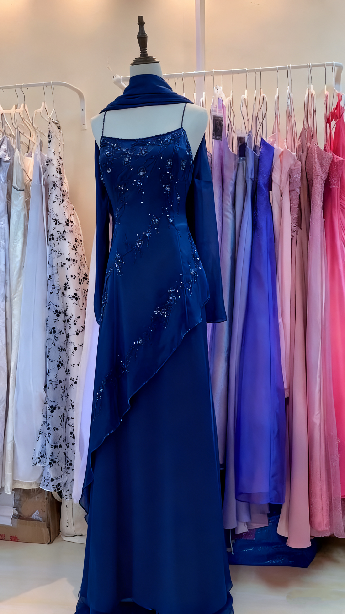 formaldressy- Vintage Beaded Long Evening Dress Floor Length Party Dress with Scarf gh6209