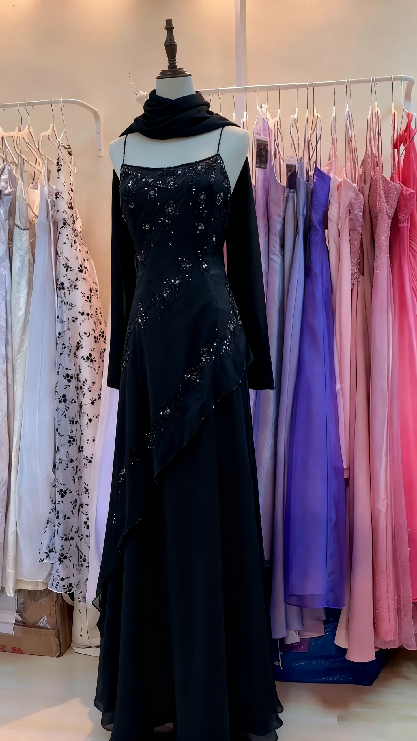 formaldressy- Vintage Beaded Long Evening Dress Floor Length Party Dress with Scarf gh6209