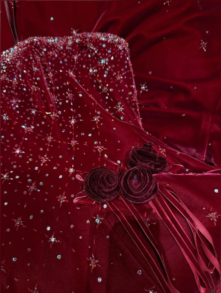 formaldressy-Burgundy Exquisite Beaded Long Velvet Formal Prom Dress Graduation Dress Evening Dress gh5974