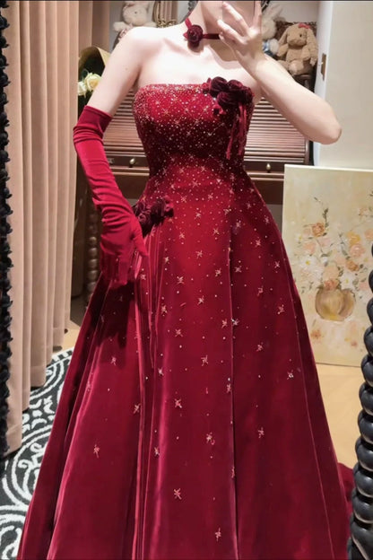 formaldressy-Burgundy Exquisite Beaded Long Velvet Formal Prom Dress Graduation Dress Evening Dress gh5974