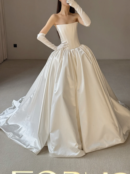 Simple Ball Gown Strapless White Satin Long Wedding Dress SH5096