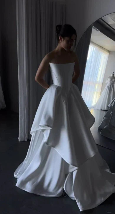 formaldressy-White satin off-the-shoulder long floor-length wedding dress prom dress gh5394