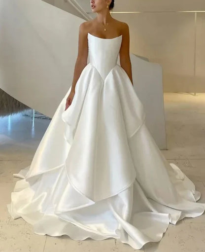 formaldressy-White satin off-the-shoulder long floor-length wedding dress prom dress gh5394