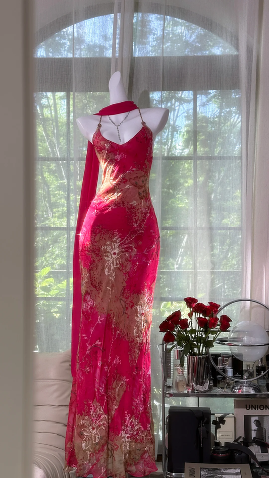 Hot Pink Vintage Mermaid Spaghetti Straps Print Floral Chiffon Prom Dress SH5199