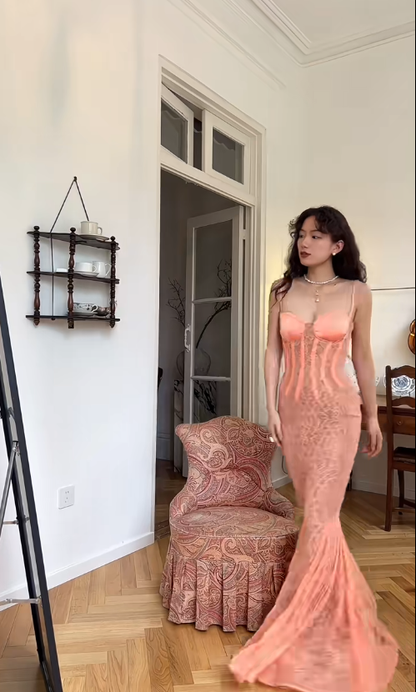 Elegant Mermaid Spaghetti Strap Orange Lace Long Prom Dress SH4569