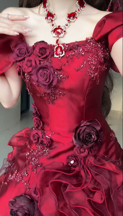Burgundy Blue Ball Gown Off the Shoulder Beaded Rose Organza Satin Graduation Ball Gown 18th Birthday Dress SH4987