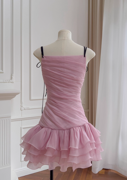 Cute Pink A Line Spaghetti Strap Layered Chiffon Homecoming Dress SH4506