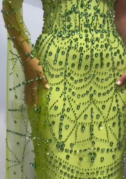 Green Sheath Strapless Rhinestone Tulle Prom Dress Evening Dress SH4545