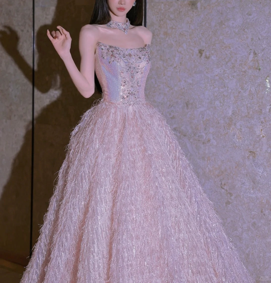 formaldressy-Pink Fashion Beaded Elegant Long Tulle Ball Gown Evening Dress gh5074