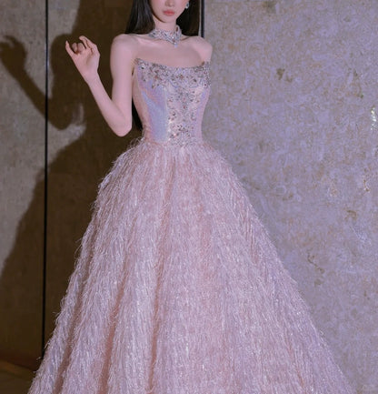 formaldressy-Pink Fashion Beaded Elegant Long Tulle Ball Gown Evening Dress gh5074
