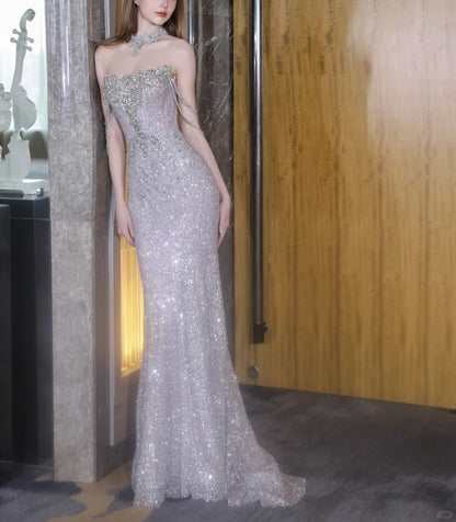 formaldressy-Light Purple Fashion Beading Elegant Long Mermaid Slim Tulle Ball Gown Evening Dress gh5075