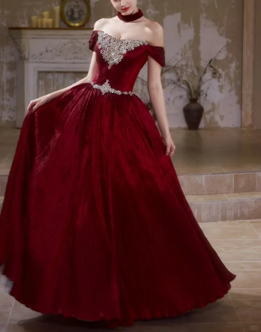 formaldressy-Burgundy Retro Elegant Rhinestone Beaded Long Velvet Ball Gown Evening Dress gh5073