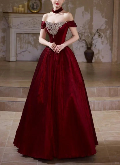 formaldressy-Burgundy Retro Elegant Rhinestone Beaded Long Velvet Ball Gown Evening Dress gh5073