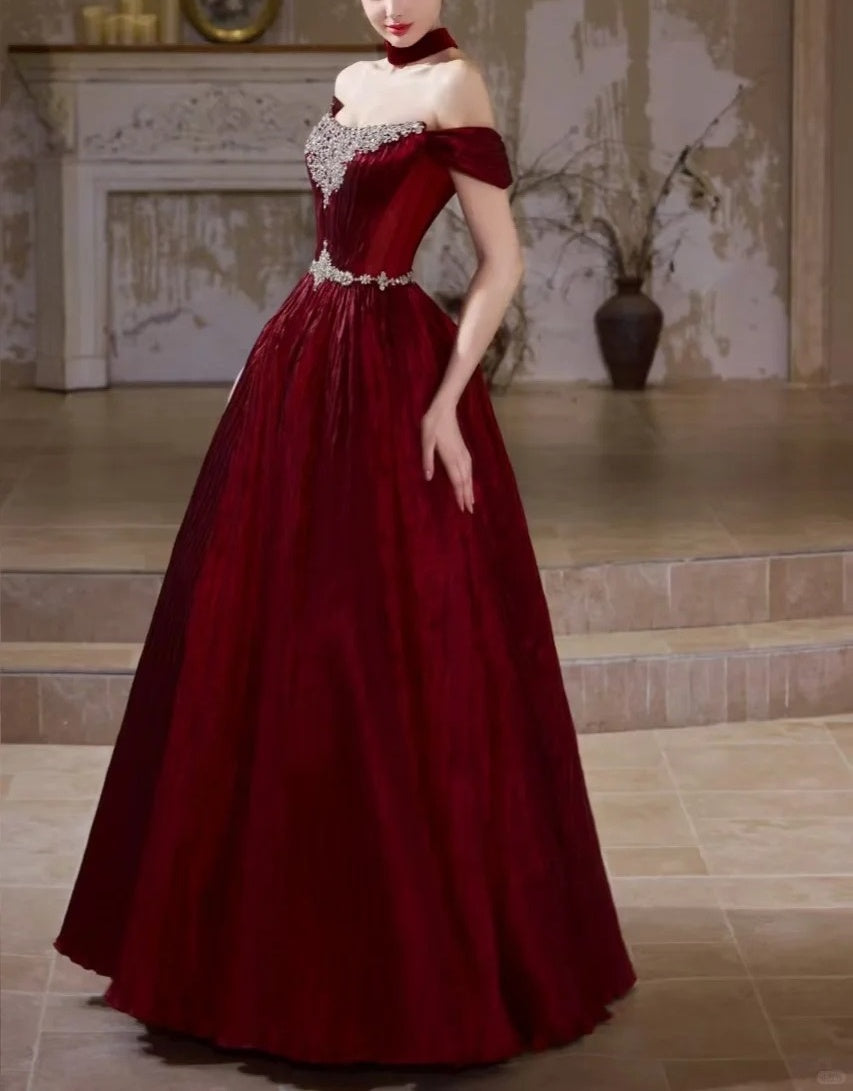 formaldressy-Burgundy Retro Elegant Rhinestone Beaded Long Velvet Ball Gown Evening Dress gh5073