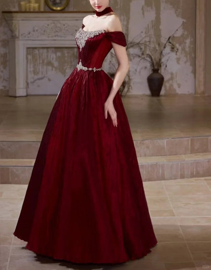 formaldressy-Burgundy Retro Elegant Rhinestone Beaded Long Velvet Ball Gown Evening Dress gh5073