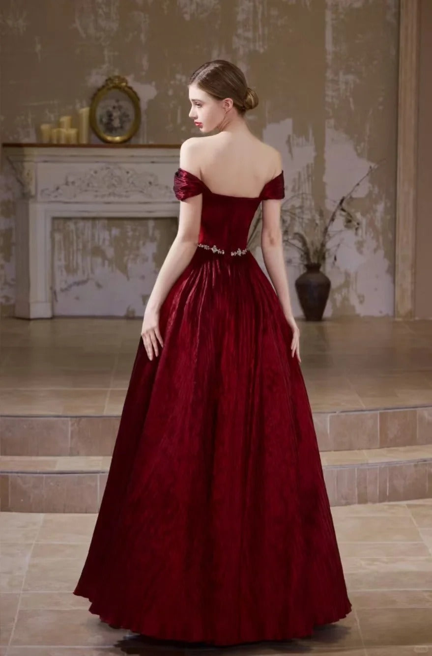 formaldressy-Burgundy Retro Elegant Rhinestone Beaded Long Velvet Ball Gown Evening Dress gh5073