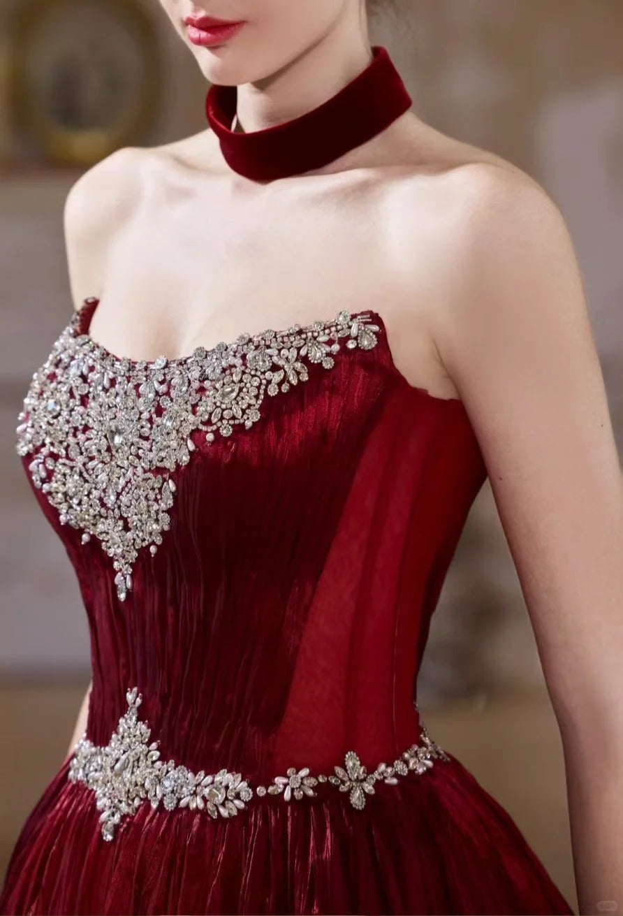 formaldressy-Burgundy Retro Elegant Rhinestone Beaded Long Velvet Ball Gown Evening Dress gh5073