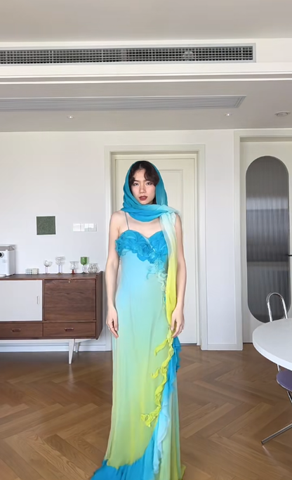 Vintage Sheath Spaghetti Strap Ruffle Yellow Blue Ombre Chiffon Prom Dress Wedding Guest Dress SH4550