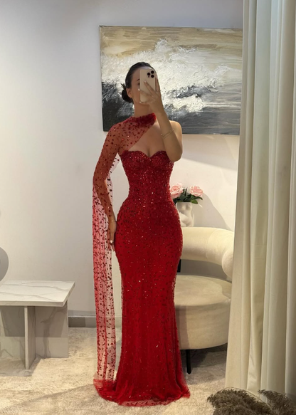 Sexy Red Sheath Strapless Beaded Tulle Prom Dress SH4567