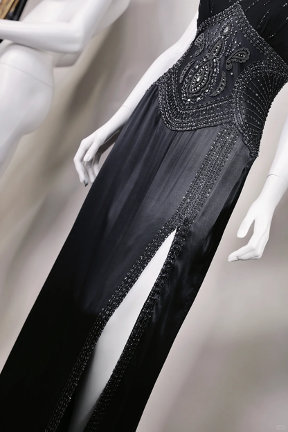 Vintage Sexy Black A Line Exquisite Beaded Chiffon Satin Prom Dress Evening Dress SH5133
