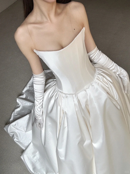 Simple Ball Gown Strapless White Satin Long Wedding Dress SH5096
