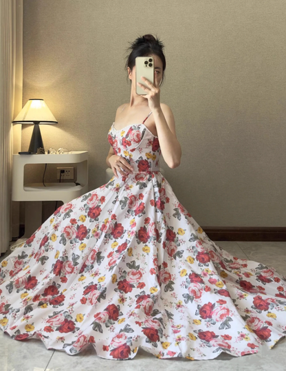 Princess A Line Spaghetti Strap Print Floral Satin Prom Dress 16th Birthday Dress SH3982