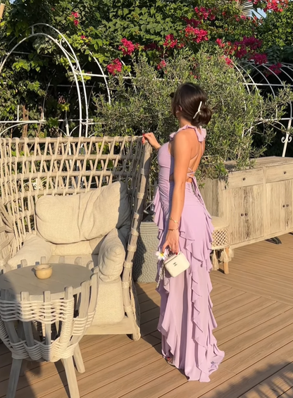 Lilac Flowy Sheath Spaghetti Strap Ruffle Chiffon Prom Dress Party Dress with Slit SH4016