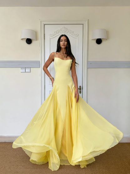 Yellow Simple A Line Spaghetti Straps Satin Chiffon Prom Dress Outfits SH5082