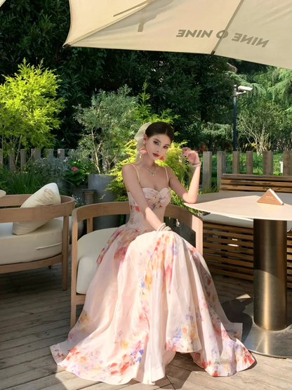Gentle Pink A Line Spaghetti Strap Print Floral Satin Prom Dress Party Dresses SH4599