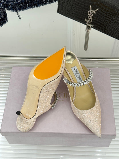 Jimmy Choo Classic Diamond Chain Point Toe High Heels Champagne Glitter Sheepskin 573548