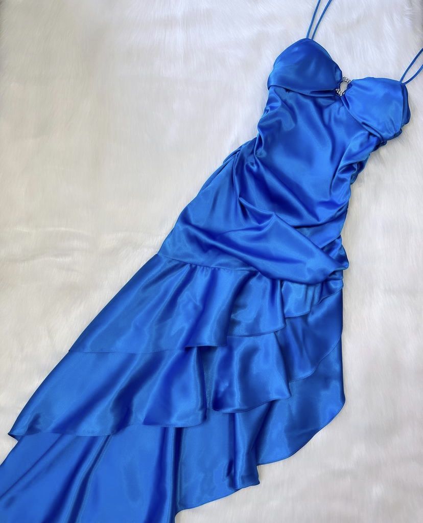 formaldressy-Blue fashion elegant ruffle long satin prom dress evening dress graduation dress gh5200