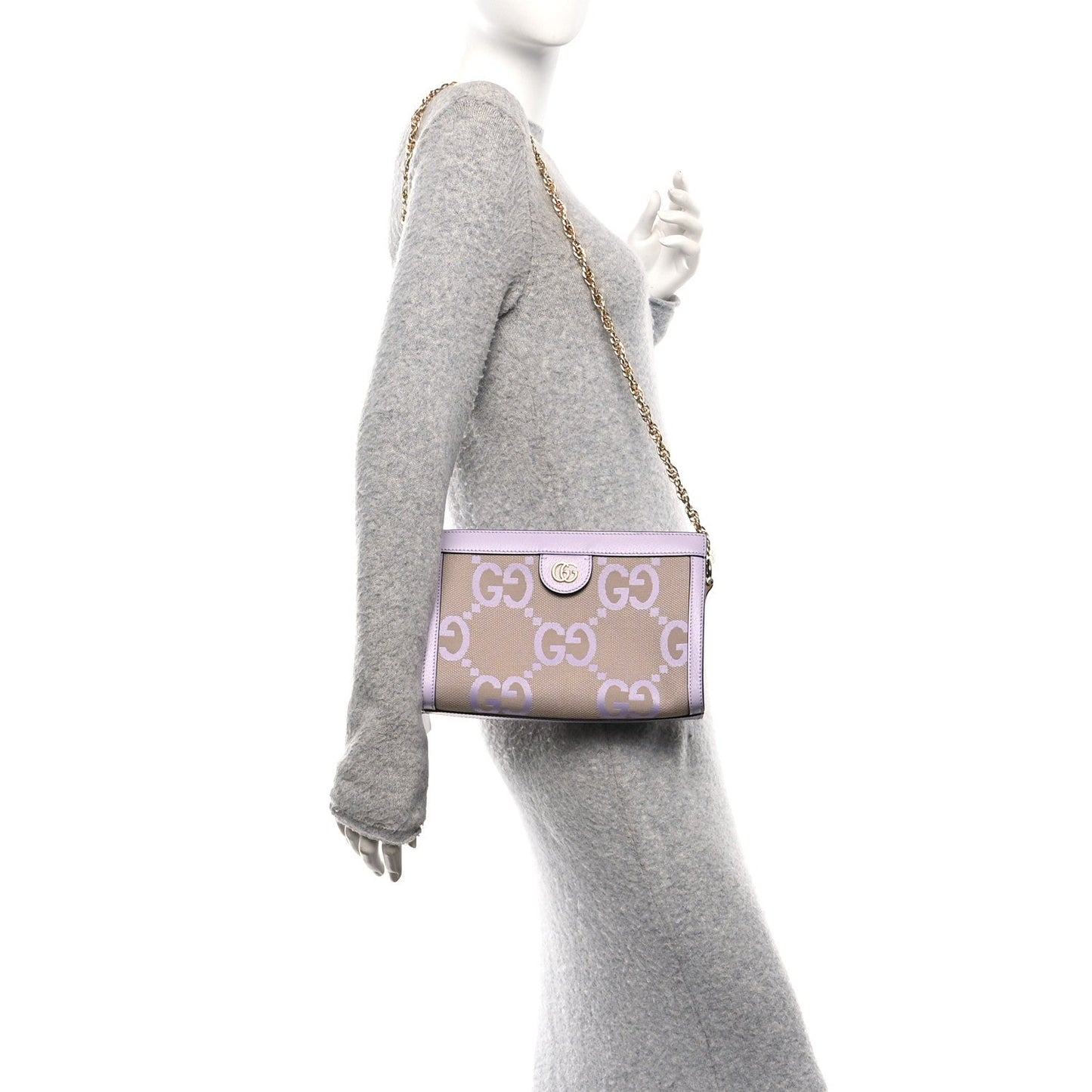 Monogram Jumbo GG Textured Dollar Calfskin Small Ophidia Chain Shoulder Bag Beige Lapis