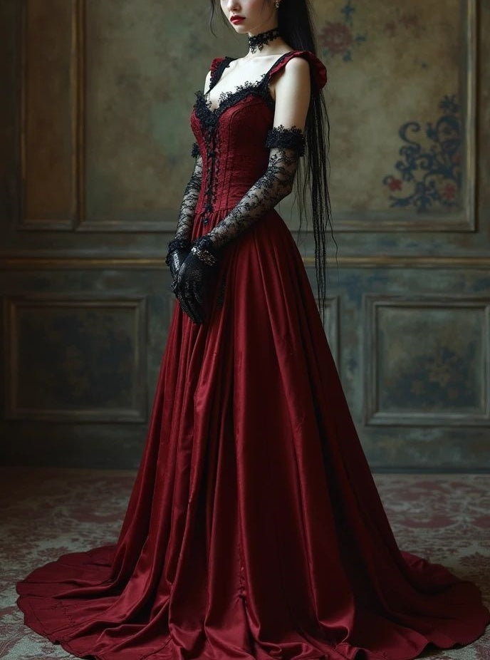 formaldressy-Burgundy Corset Floor-Length Train Retro Elegant Prom Dress Evening Dress gh5943