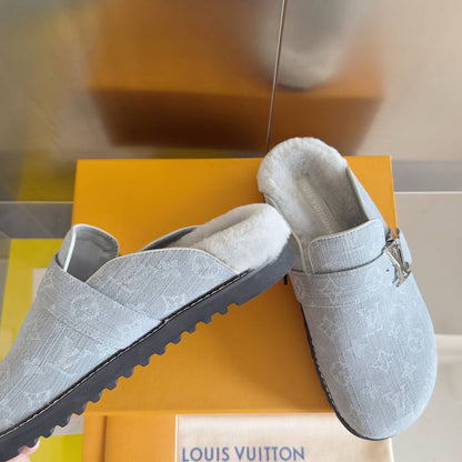 LV 25 Birkenstock Platform Slippers Light Gray Denim Wool 576212