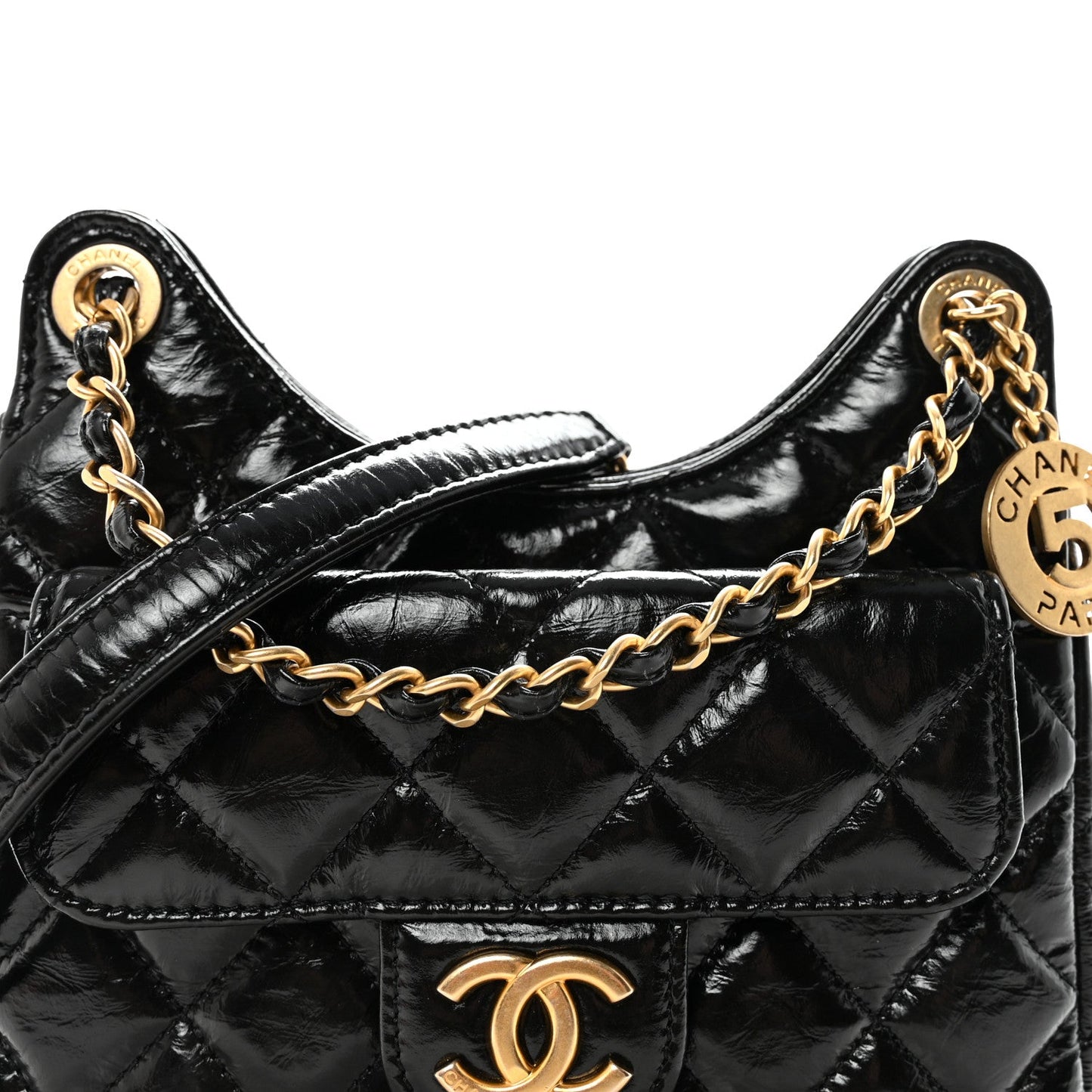 Shiny Crumpled Calfskin Quilted Small Wavy CC Hobo Black