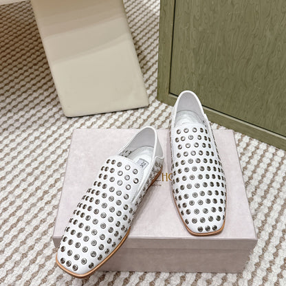 Jimmy Choo Eliot flat Slippers Metallic Eyelets White Calfskin 568493