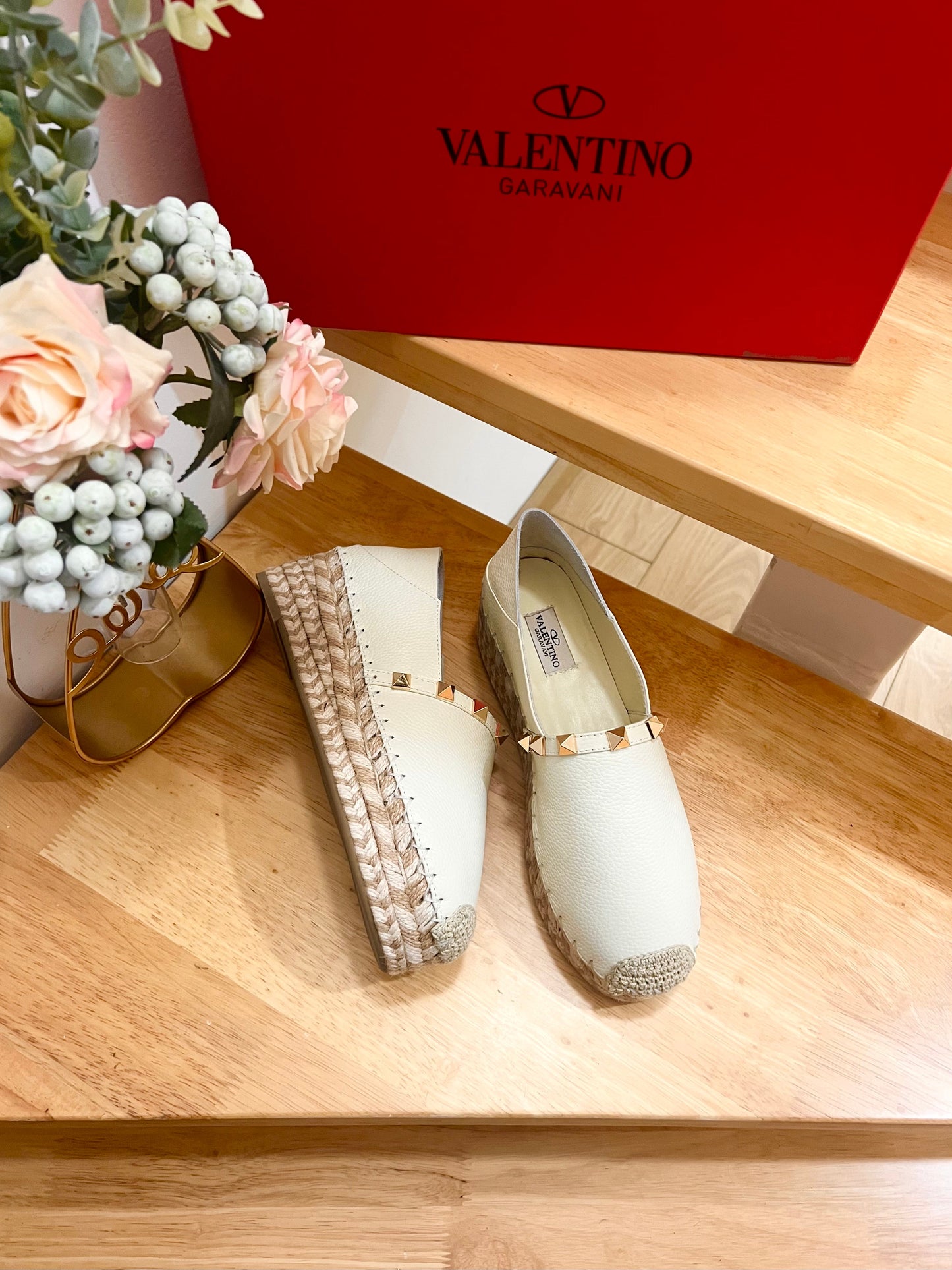 Valentino Rockstud Embellished Slip On Espadrille White Cowhide 240574