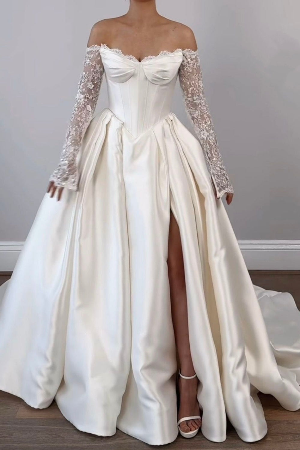 formaldressy-White, stylish long-sleeved lace dress with slit and off-shoulder design, perfect for brides and wedding gowns. gh6223
