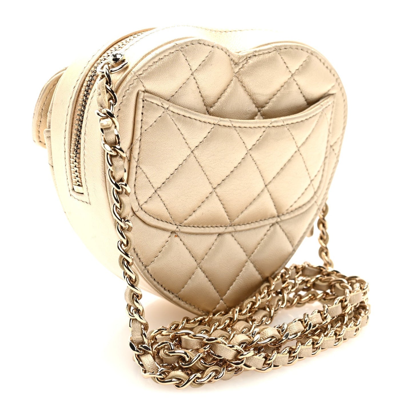 Metallic Lambskin Quilted CC In Love Heart Clutch With Chain Gold