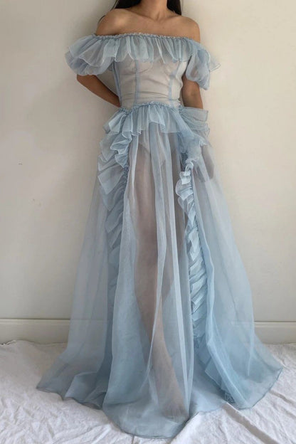formaldressy-Blue Romantic Tulle Gown Long Pastel Toned Fairytale Dress gh5970