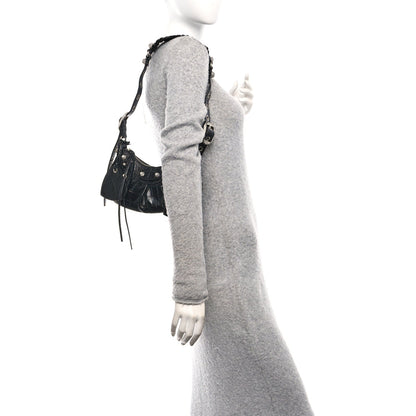 Extra Supple Calfskin Crystal Crocodile Embossed Le Cagole Shoulder Bag XS Black