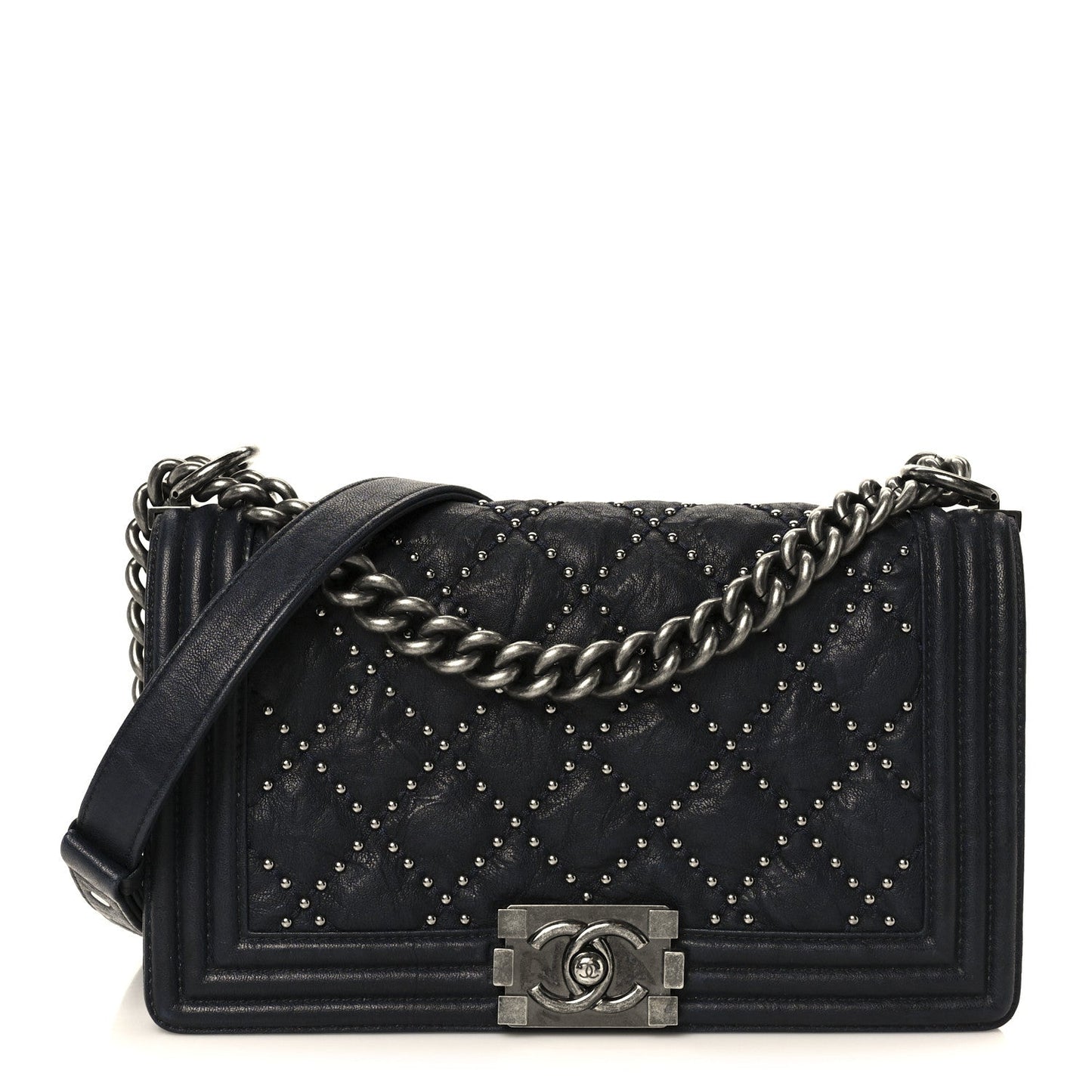 Crumpled Lambskin Medium Studded Boy Flap Navy