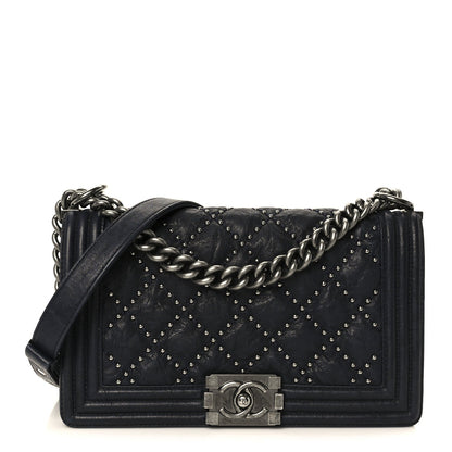 Crumpled Lambskin Medium Studded Boy Flap Navy