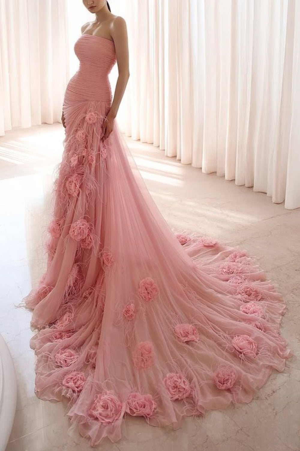 formaldressy-Pink Elegant Floral Long Tulle Ball Gown Wedding Dress gh5950